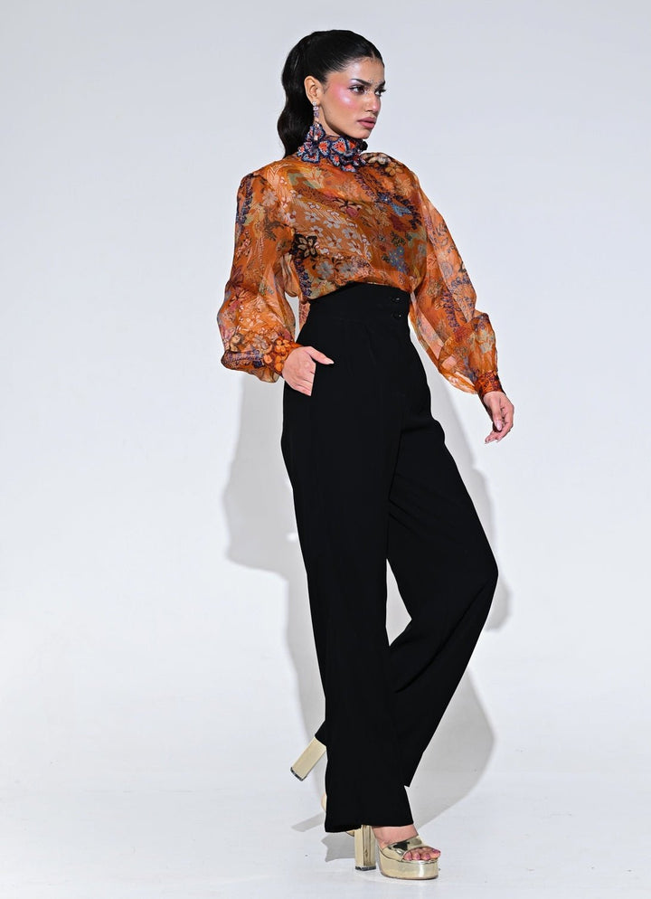 Orange And Black Floral Organza Shirt With Pants Set Juhi Bengani - Fabilicious Fashion