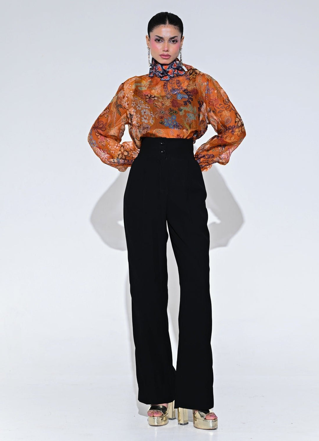 Orange And Black Floral Organza Shirt With Pants Set Juhi Bengani - Fabilicious Fashion