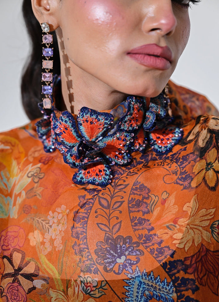 Orange And Black Floral Organza Shirt With Pants Set Juhi Bengani - Fabilicious Fashion