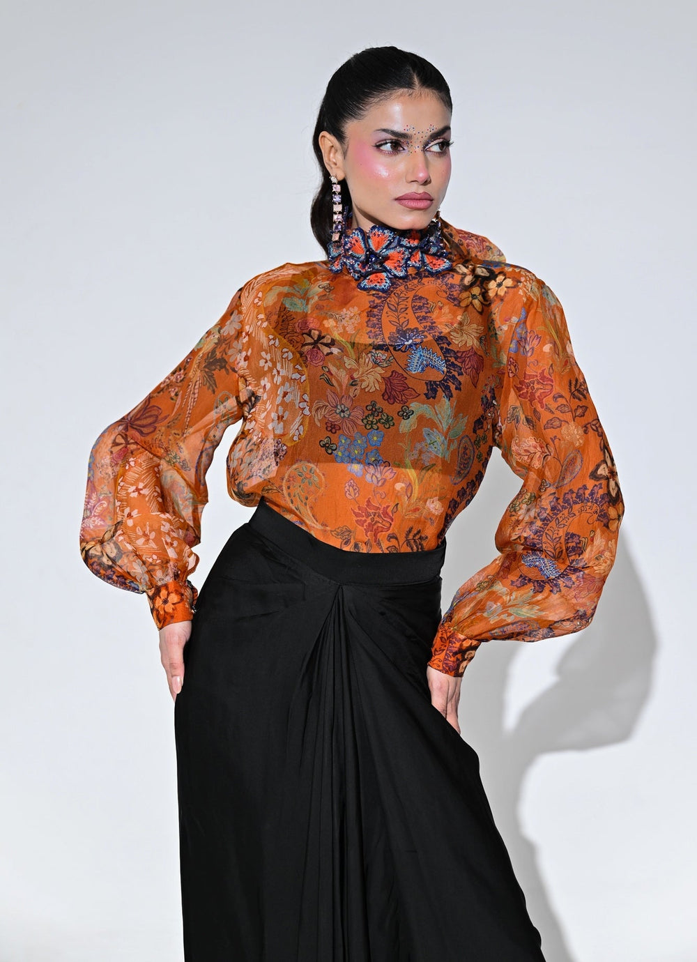 Orange And Black Floral Organza Shirt With Skirt Set Juhi Bengani - Fabilicious Fashion