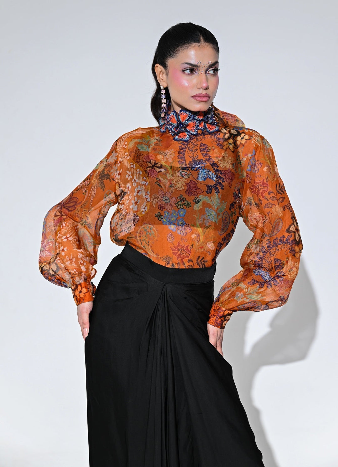 Juhi Bengani Orange And Black Floral Organza Shirt With Skirt SetFabilicious Fashion