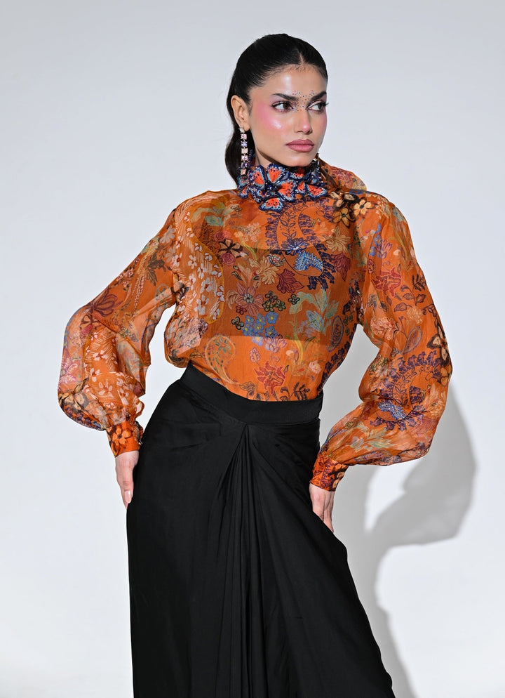 Juhi Bengani Orange And Black Floral Organza Shirt With Skirt SetFabilicious Fashion