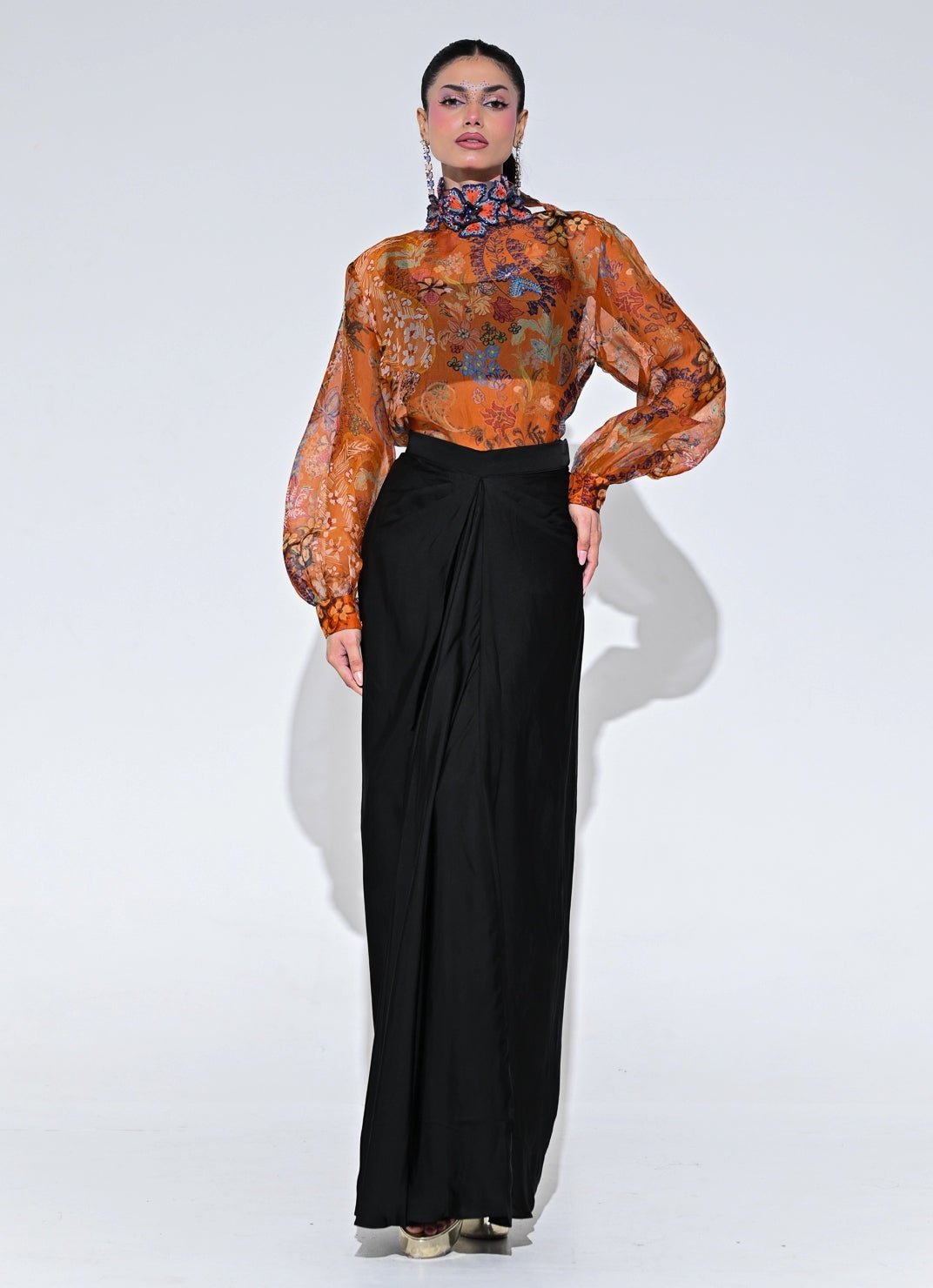 Orange And Black Floral Organza Shirt With Skirt Set Juhi Bengani - Fabilicious Fashion