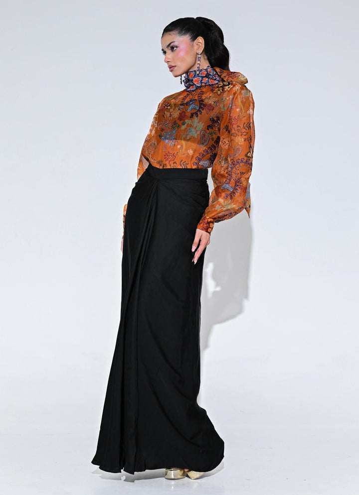 Juhi Bengani Orange And Black Floral Organza Shirt With Skirt SetFabilicious Fashion