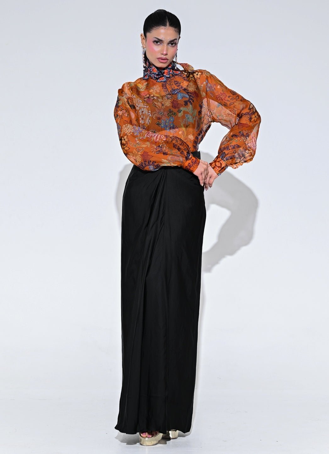 Juhi Bengani Orange And Black Floral Organza Shirt With Skirt SetFabilicious Fashion