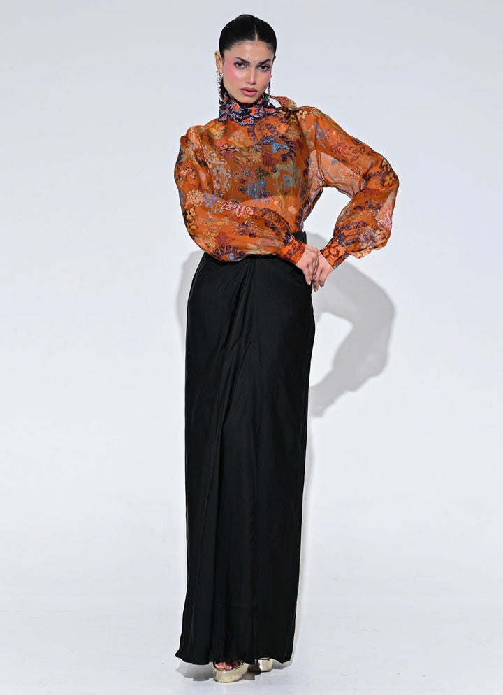 Juhi Bengani Orange And Black Floral Organza Shirt With Skirt SetFabilicious Fashion