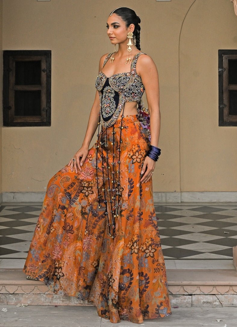 Orange And Black Printed Organza Pants Set Juhi Bengani - Fabilicious Fashion