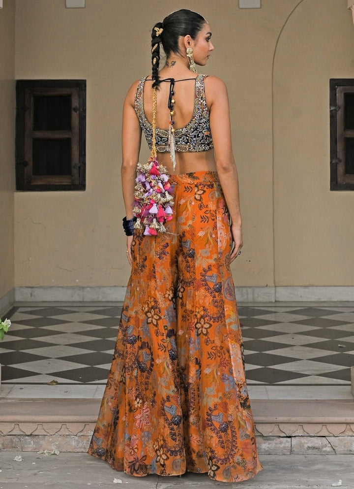 Orange And Black Printed Organza Pants Set Juhi Bengani - Fabilicious Fashion