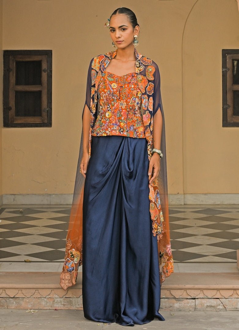 Juhi Bengani Orange And Blue Cowl Skirt Set With Corset And CapeFabilicious Fashion
