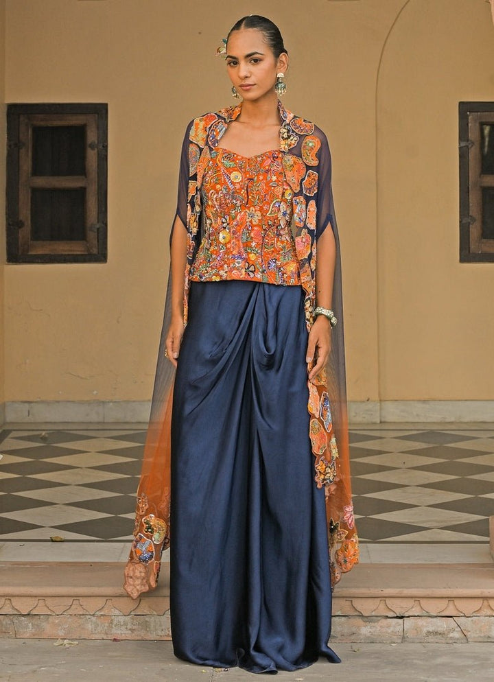 Juhi Bengani Orange And Blue Cowl Skirt Set With Corset And CapeFabilicious Fashion