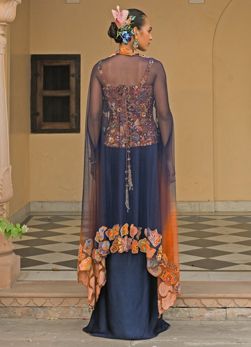 Juhi Bengani Orange And Blue Cowl Skirt Set With Corset And CapeFabilicious Fashion