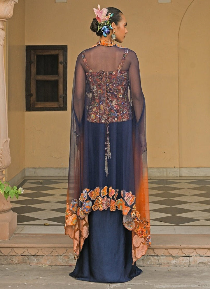 Juhi Bengani Orange And Blue Cowl Skirt Set With Corset And CapeFabilicious Fashion