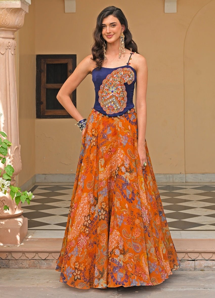 Juhi Bengani Orange And Blue Organza Corset Lehenga SetFabilicious Fashion