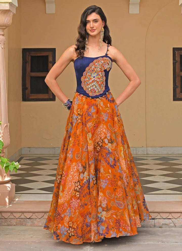 Juhi Bengani Orange And Blue Organza Corset Lehenga SetFabilicious Fashion