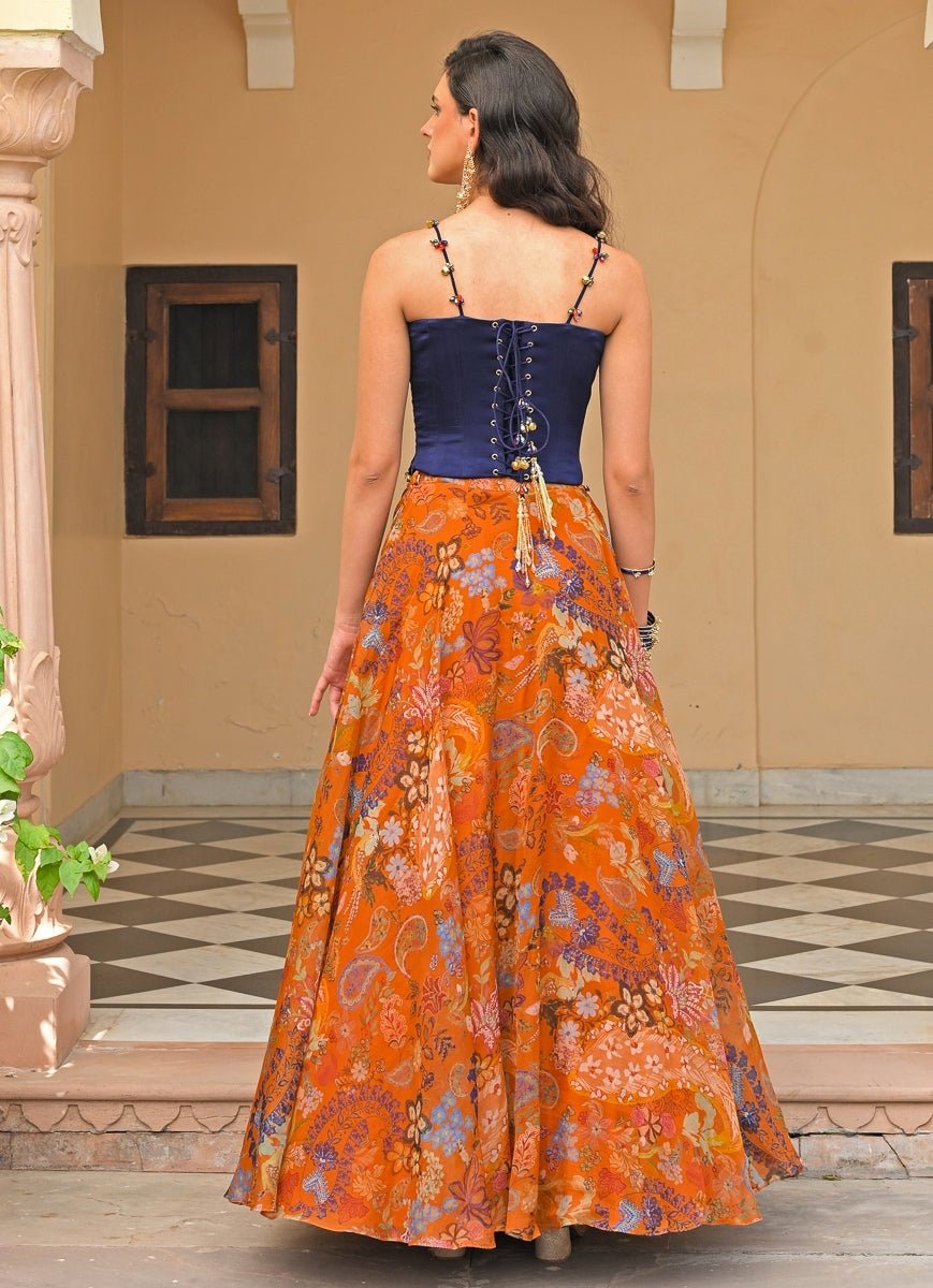 Juhi Bengani Orange And Blue Organza Corset Lehenga SetFabilicious Fashion