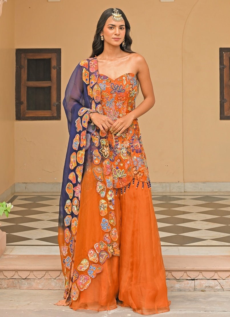 Juhi Bengani Orange And Blue Organza Kurta Pants SetFabilicious Fashion
