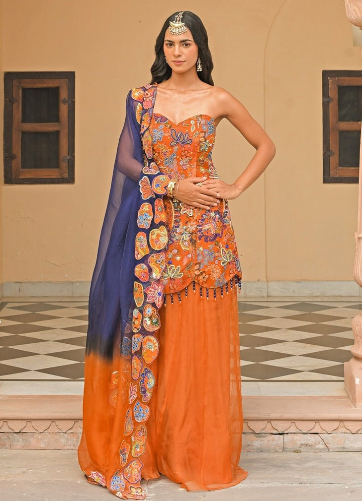 Juhi Bengani Orange And Blue Organza Kurta Pants SetFabilicious Fashion