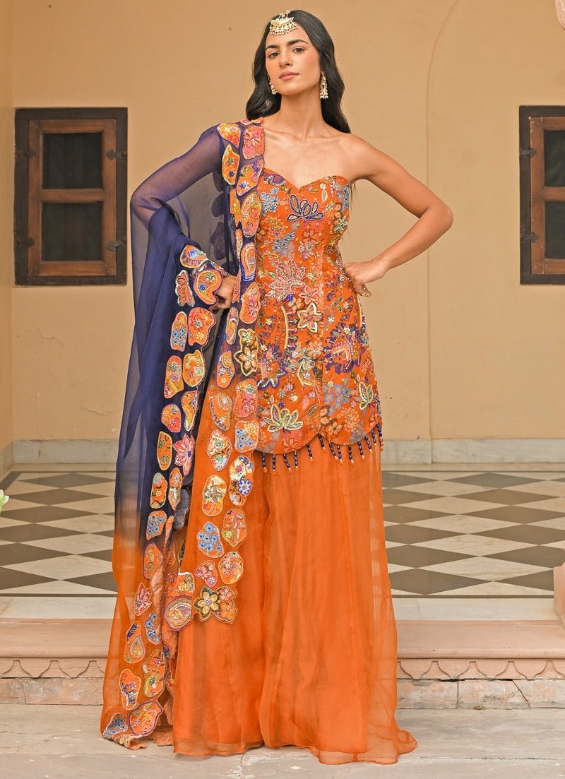Juhi Bengani Orange And Blue Organza Kurta Pants SetFabilicious Fashion