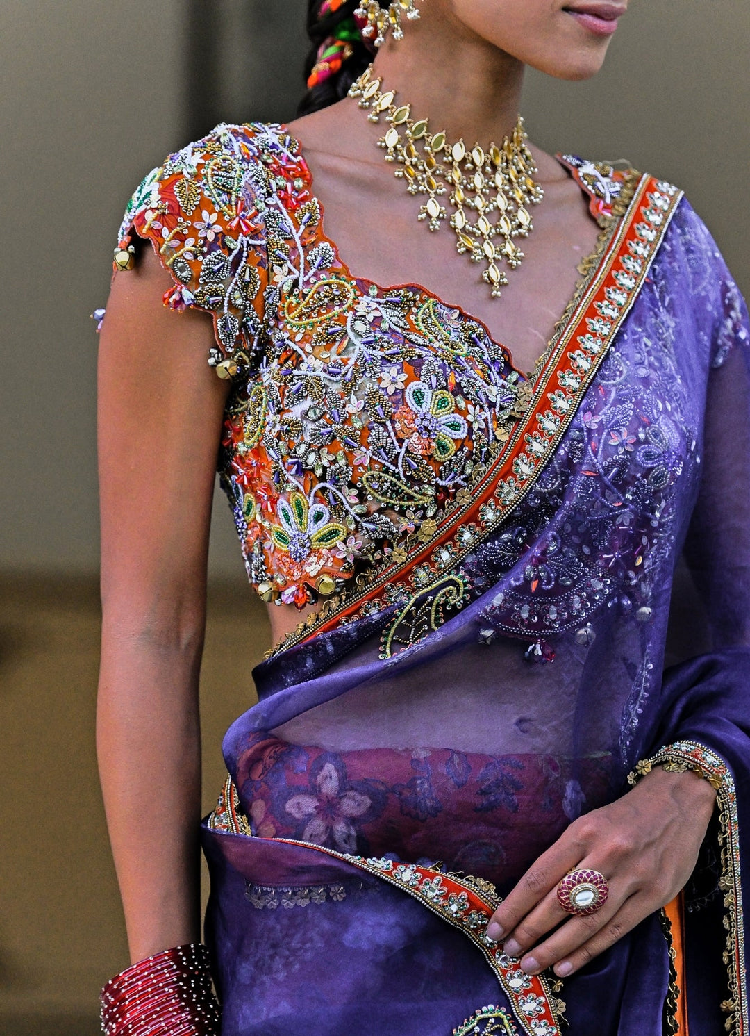 Orange And Blue Organza Saree Juhi Bengani - Fabilicious Fashion