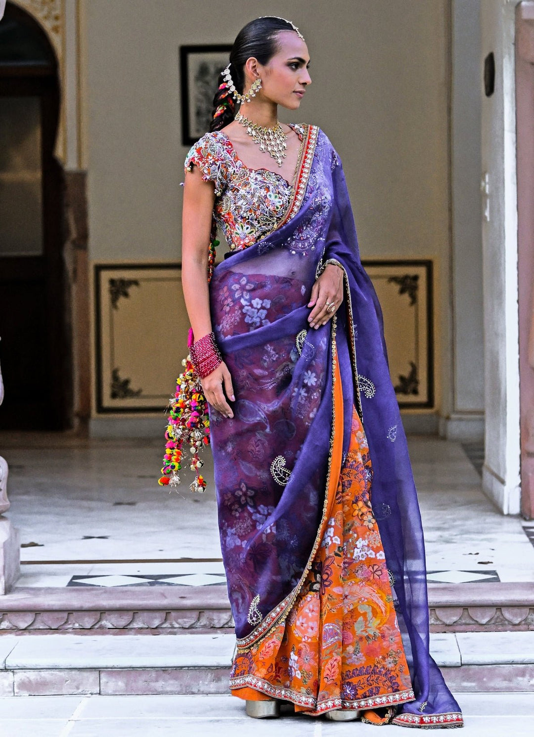Orange And Blue Organza Saree Juhi Bengani - Fabilicious Fashion
