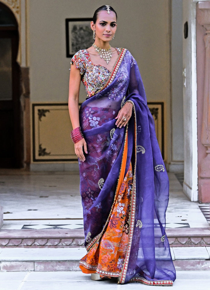 Orange And Blue Organza Saree Juhi Bengani - Fabilicious Fashion