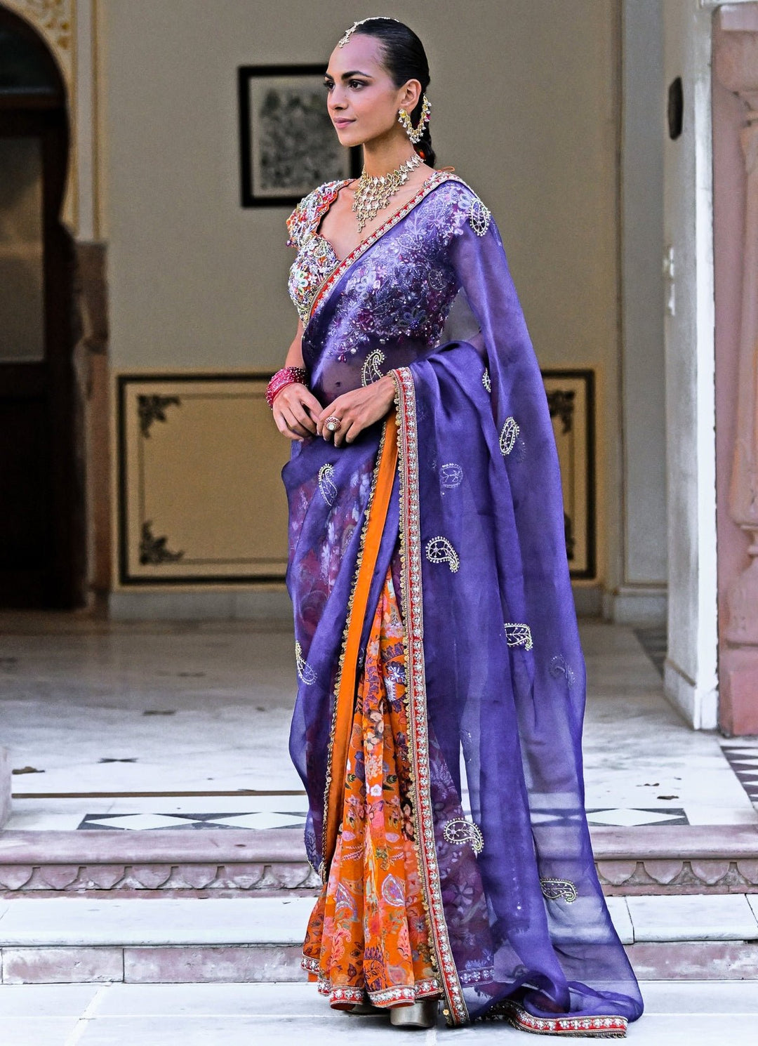 Orange And Blue Organza Saree Juhi Bengani - Fabilicious Fashion