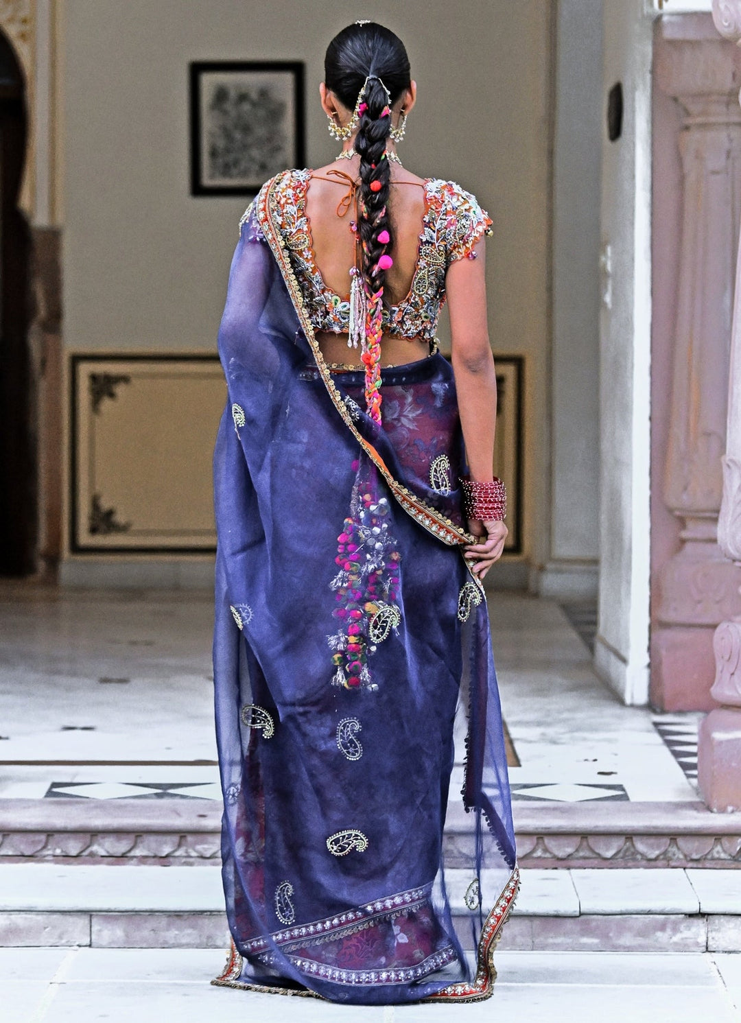 Orange And Blue Organza Saree Juhi Bengani - Fabilicious Fashion