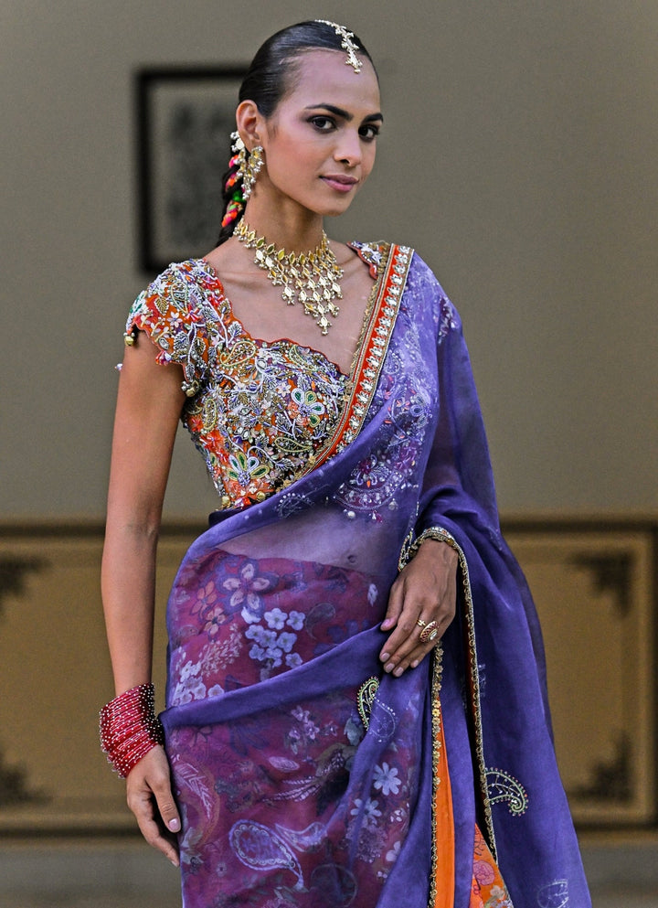 Orange And Blue Organza Saree Juhi Bengani - Fabilicious Fashion