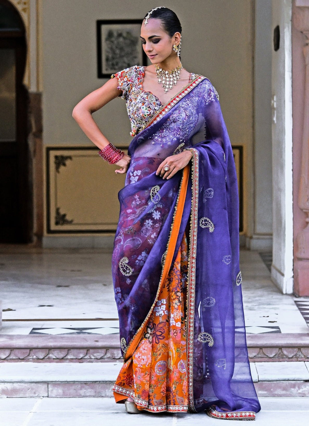 Orange And Blue Organza Saree Juhi Bengani - Fabilicious Fashion