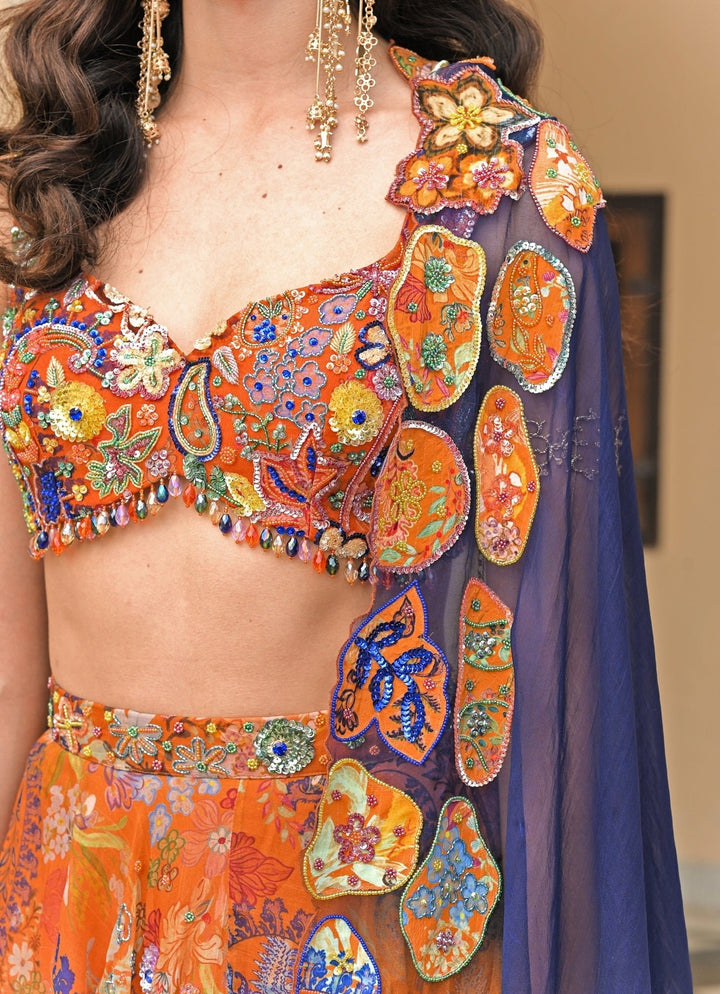 Orange And Blue Printed Organza Lehenga Set Juhi Bengani - Fabilicious Fashion