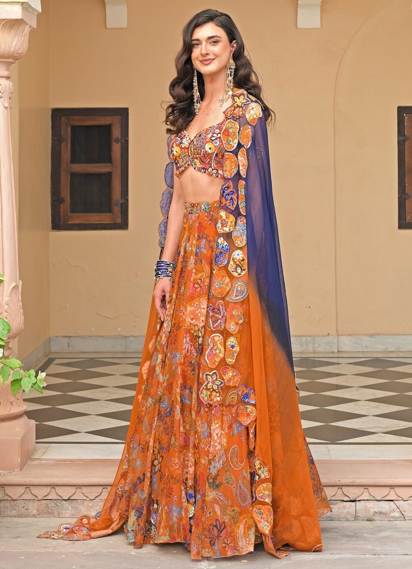 Orange And Blue Printed Organza Lehenga Set Juhi Bengani - Fabilicious Fashion