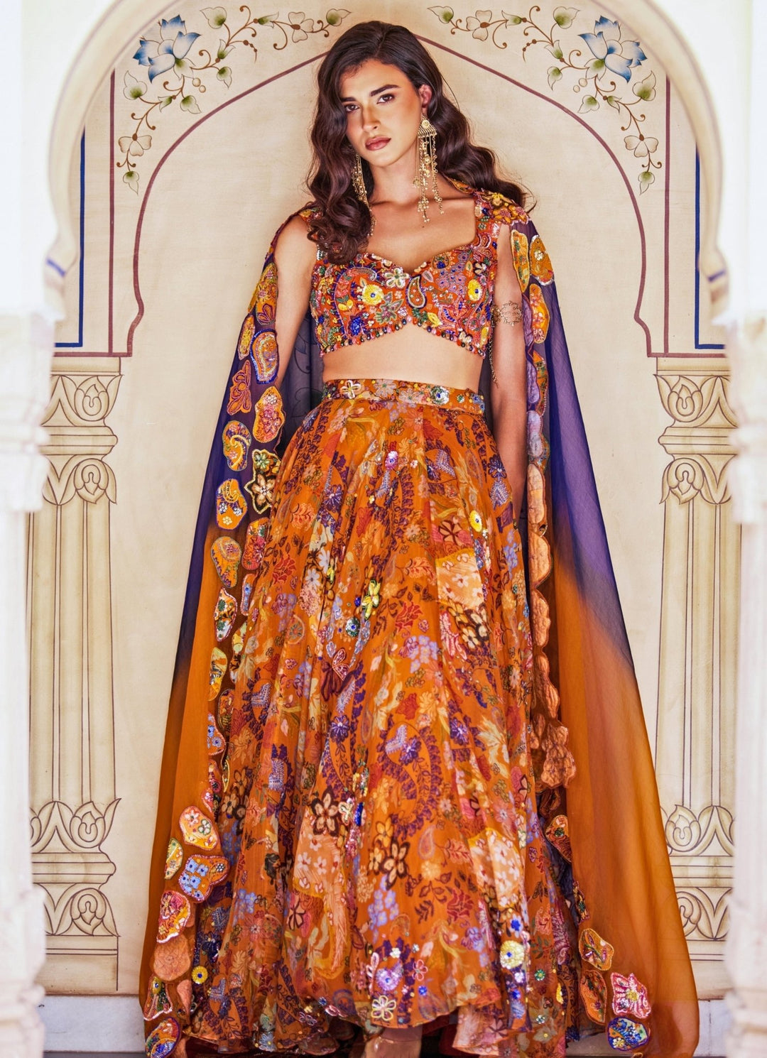 Orange And Blue Printed Organza Lehenga Set Juhi Bengani - Fabilicious Fashion