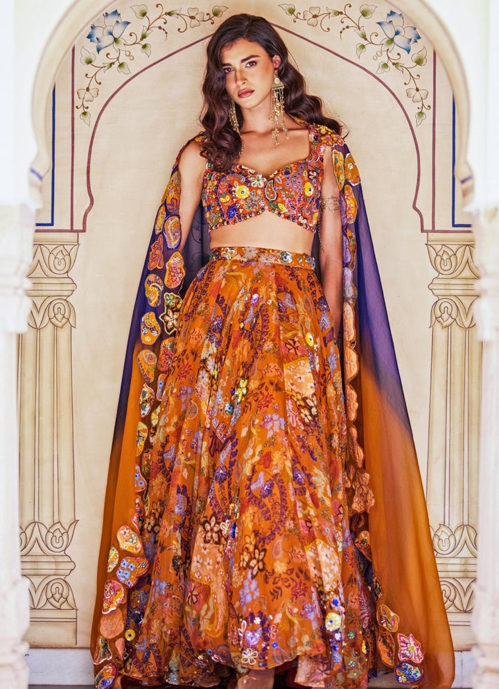 Orange And Blue Printed Organza Lehenga Set Juhi Bengani - Fabilicious Fashion