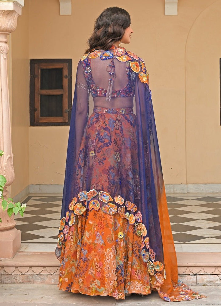 Orange And Blue Printed Organza Lehenga Set Juhi Bengani - Fabilicious Fashion