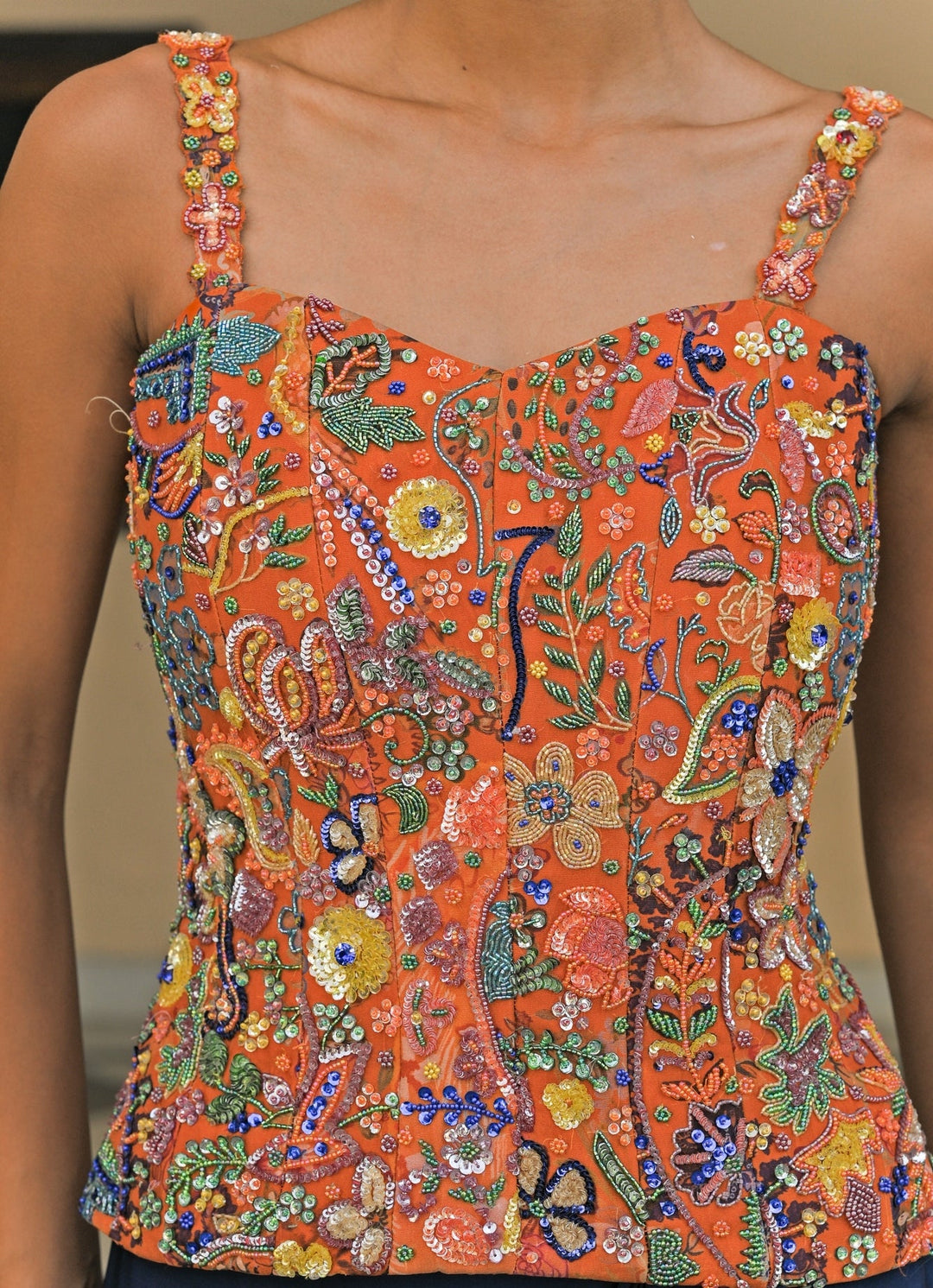 Orange And Blue Satin Cowl Skirt Set With Corset Juhi Bengani - Fabilicious Fashion