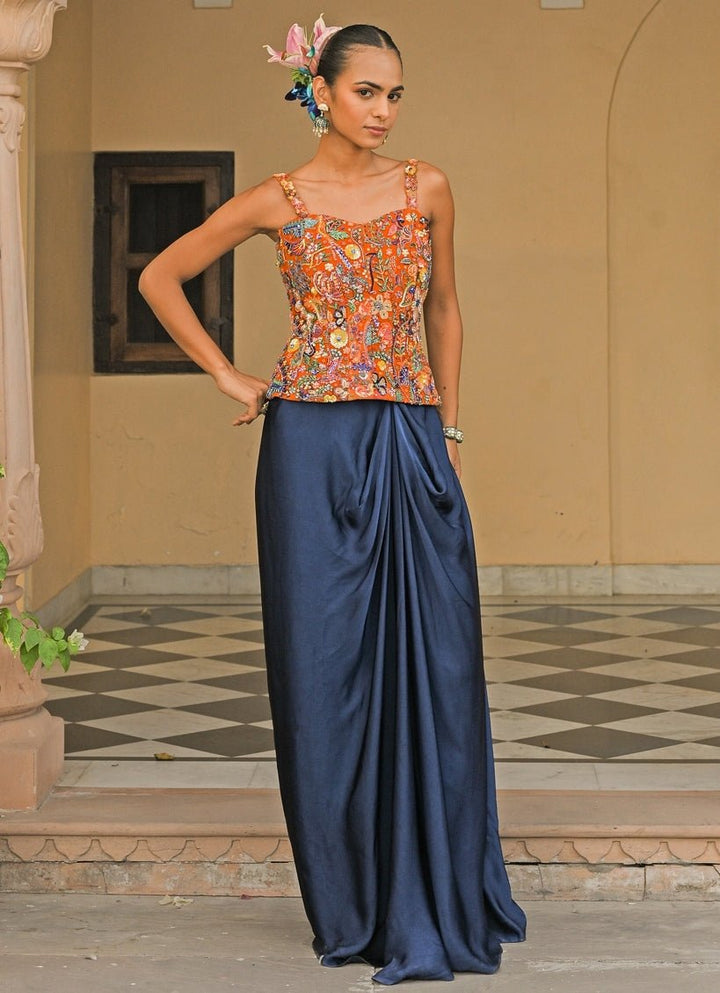 Orange And Blue Satin Cowl Skirt Set With Corset Juhi Bengani - Fabilicious Fashion