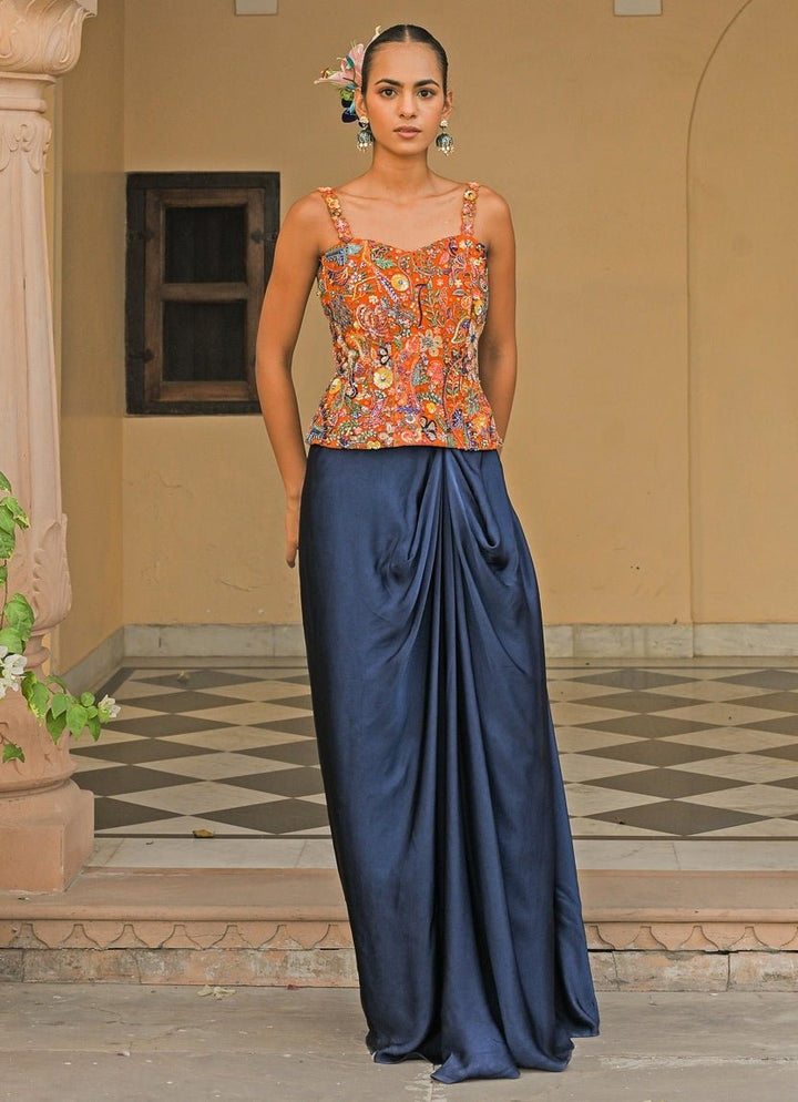 Orange And Blue Satin Cowl Skirt Set With Corset Juhi Bengani - Fabilicious Fashion