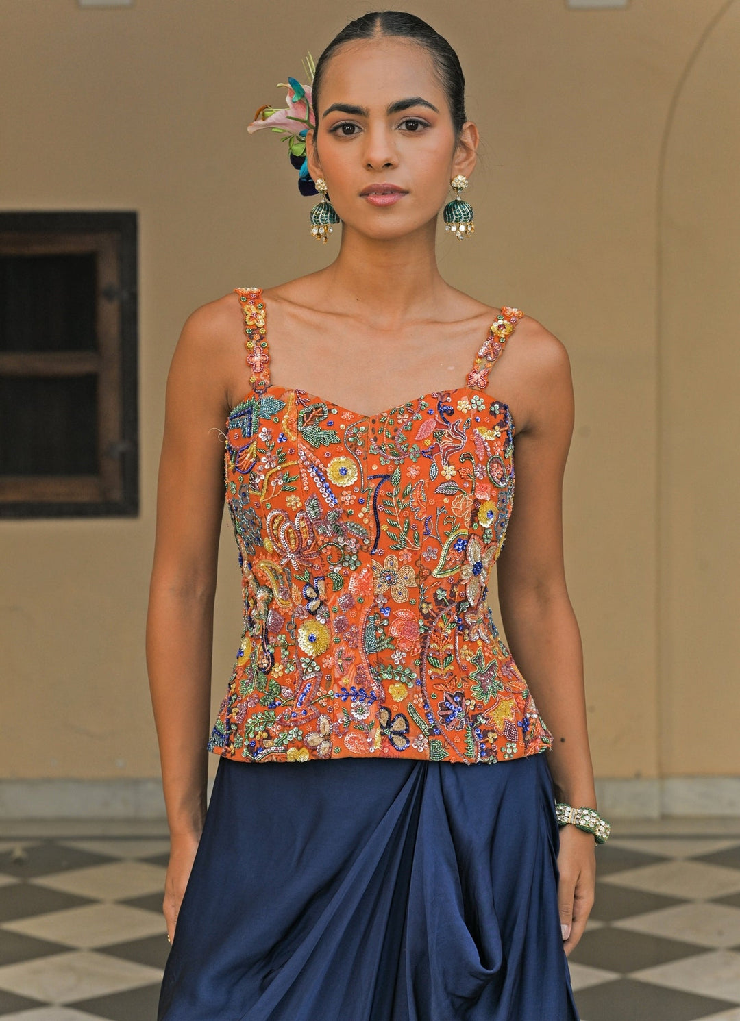 Orange And Blue Satin Cowl Skirt Set With Corset Juhi Bengani - Fabilicious Fashion
