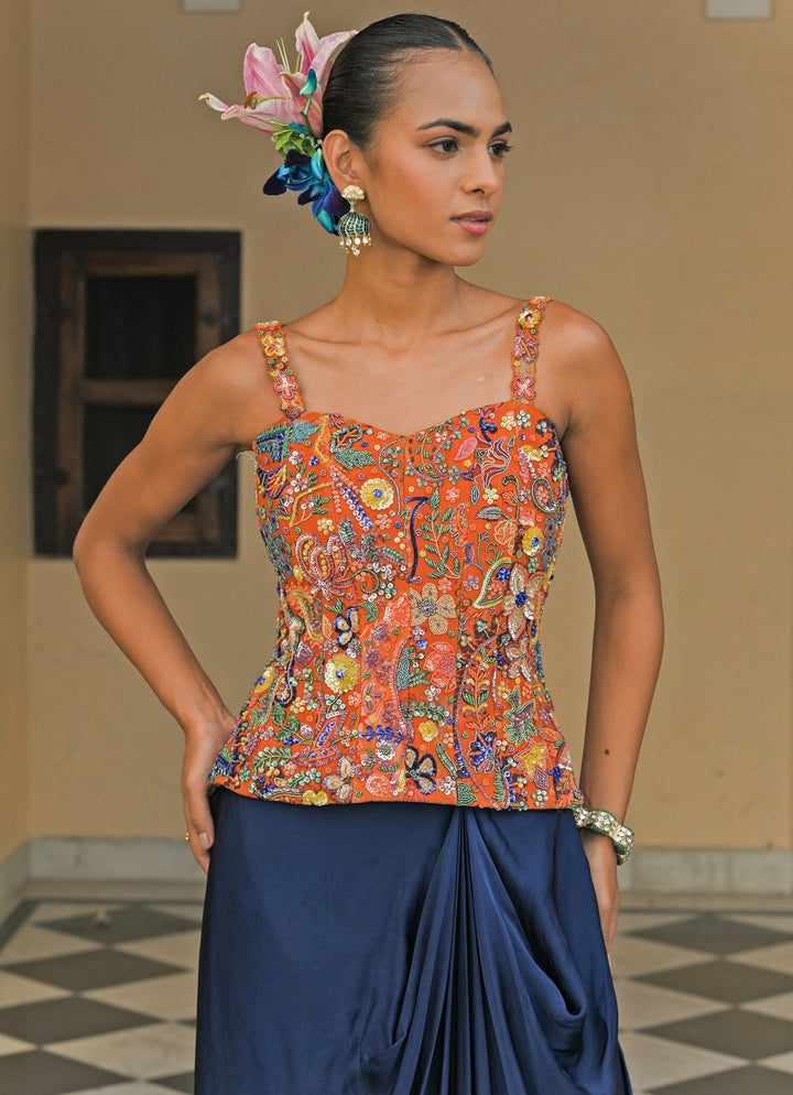 Orange And Blue Satin Cowl Skirt Set With Corset Juhi Bengani - Fabilicious Fashion