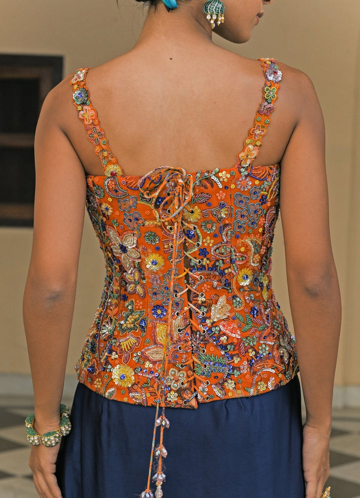 Orange And Blue Satin Cowl Skirt Set With Corset Juhi Bengani - Fabilicious Fashion