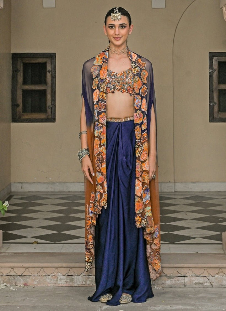 Juhi Bengani Orange And Blue Satin Drape Skirt Set With CapeFabilicious Fashion