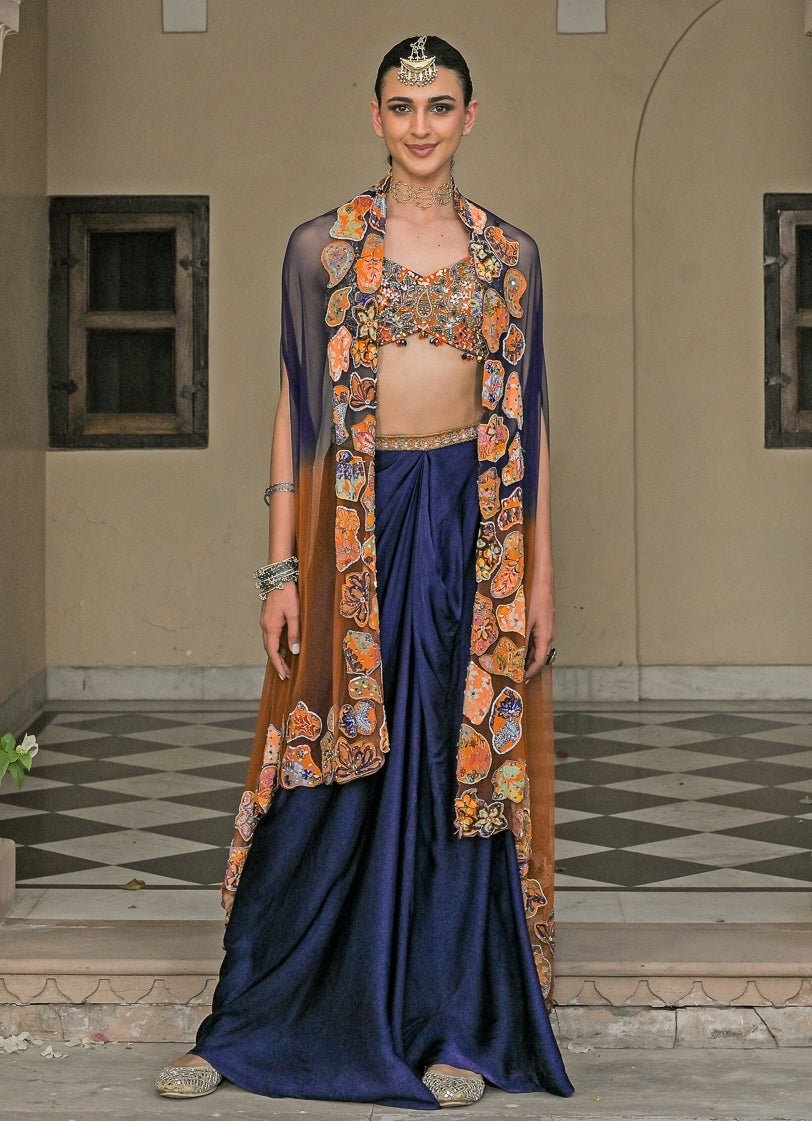 Juhi Bengani Orange And Blue Satin Drape Skirt Set With CapeFabilicious Fashion