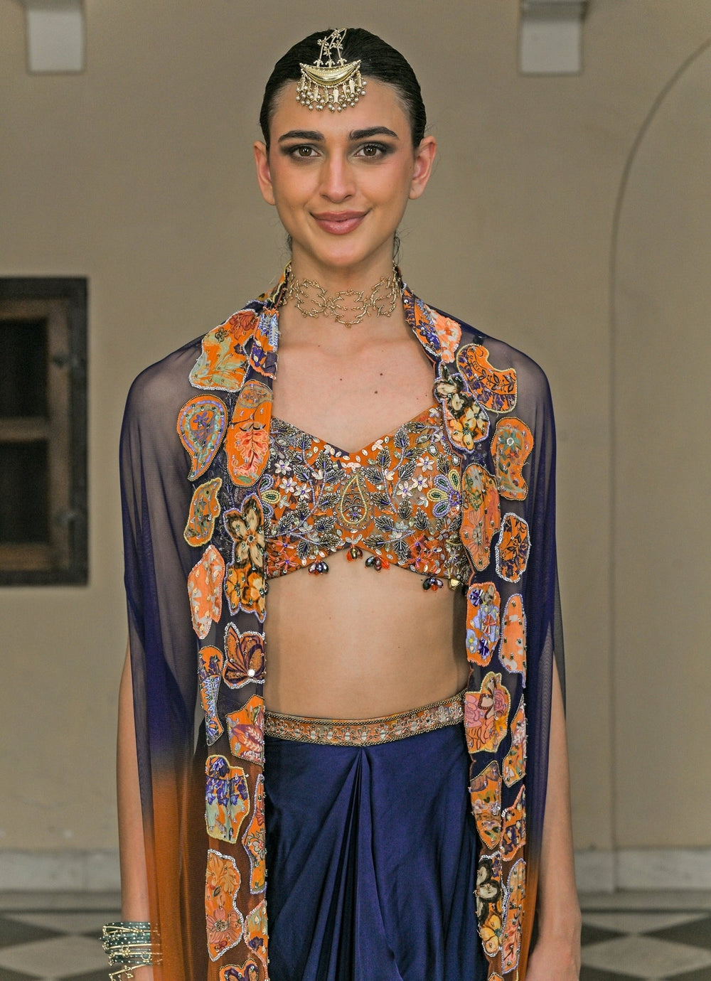 Juhi Bengani Orange And Blue Satin Drape Skirt Set With CapeFabilicious Fashion