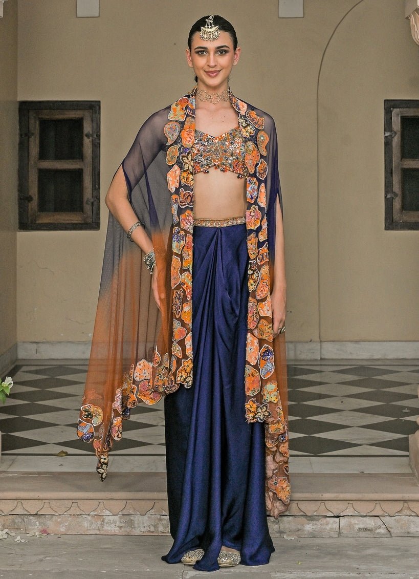 Juhi Bengani Orange And Blue Satin Drape Skirt Set With CapeFabilicious Fashion