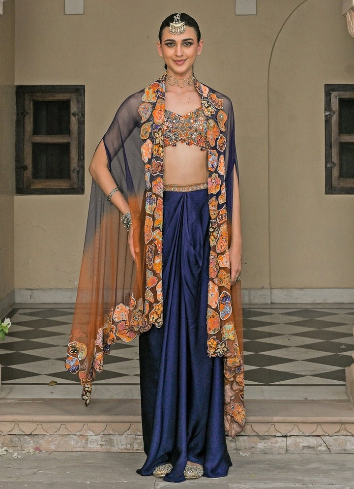 Juhi Bengani Orange And Blue Satin Drape Skirt Set With CapeFabilicious Fashion