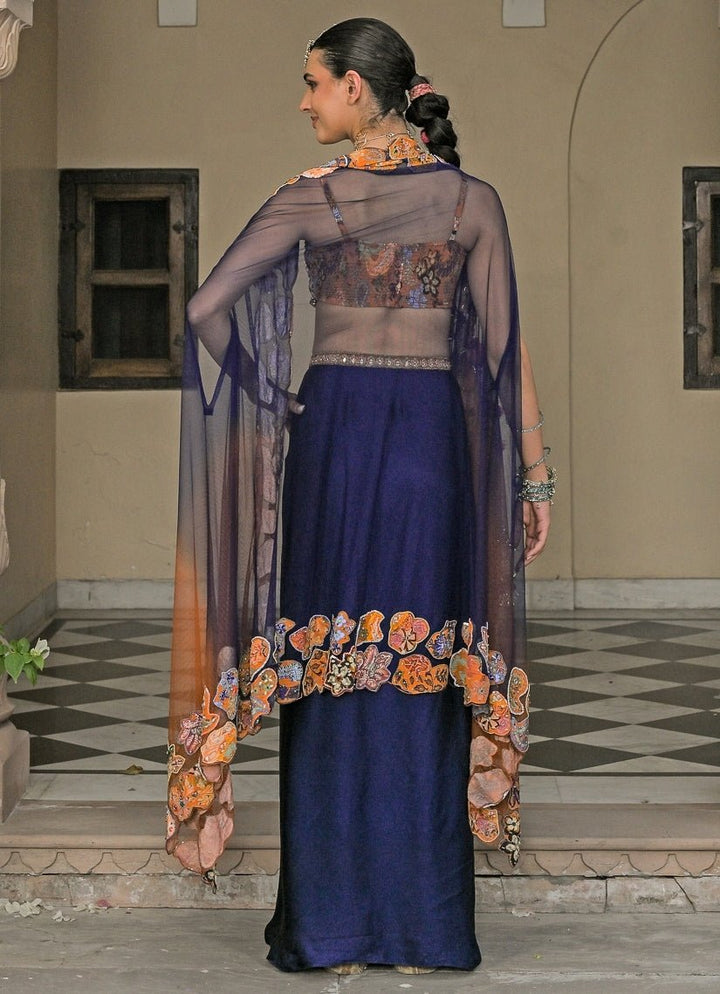 Juhi Bengani Orange And Blue Satin Drape Skirt Set With CapeFabilicious Fashion