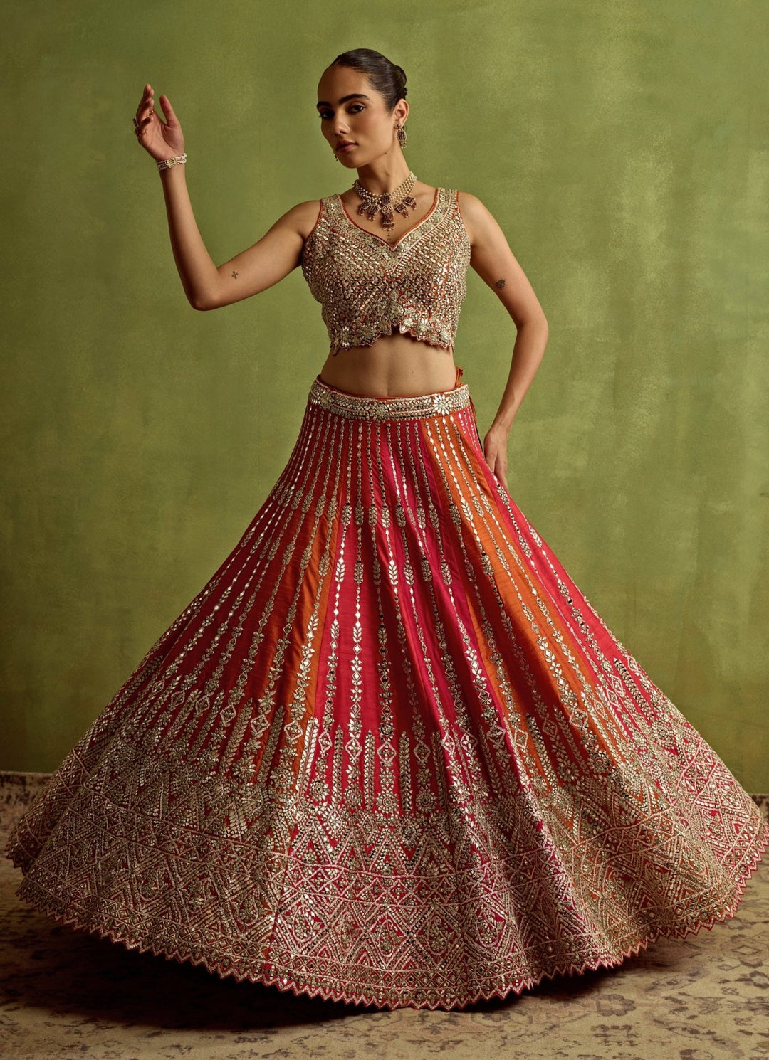 Orange And Hot Pink Mirror Embroidered Silk Lehenga Suhino - Fabilicious Fashion