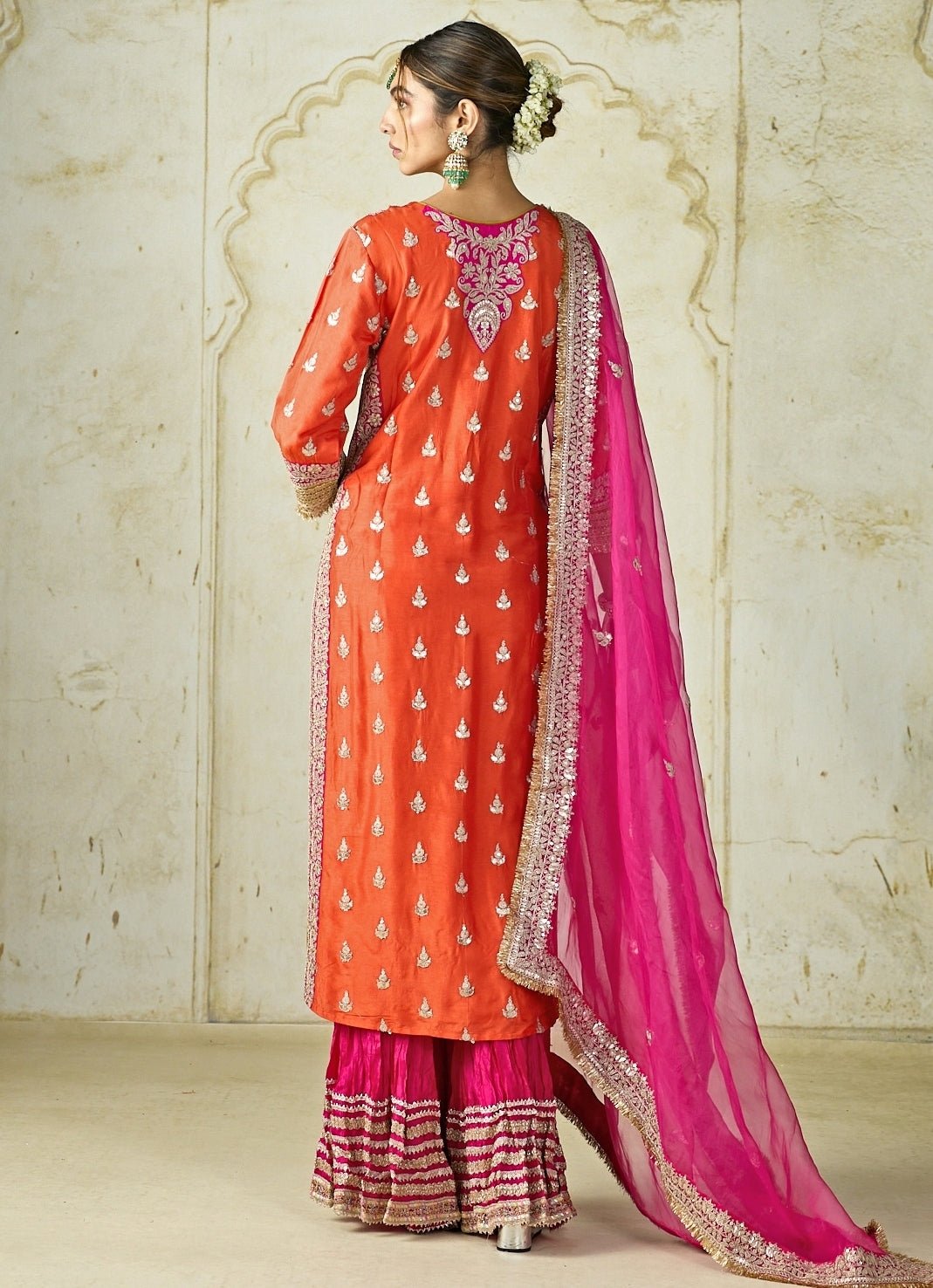 Gopi Vaid Orange And Hot Pink Tussar Kurta Sharara SetFabilicious Fashion