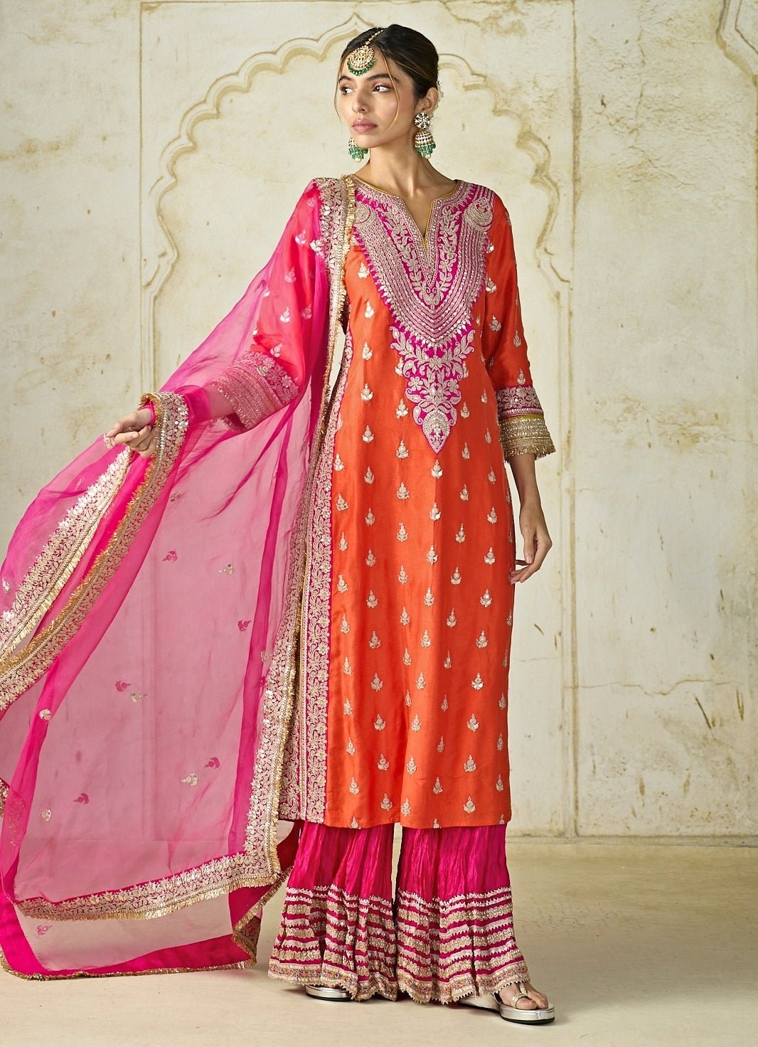 Gopi Vaid Orange And Hot Pink Tussar Kurta Sharara SetFabilicious Fashion