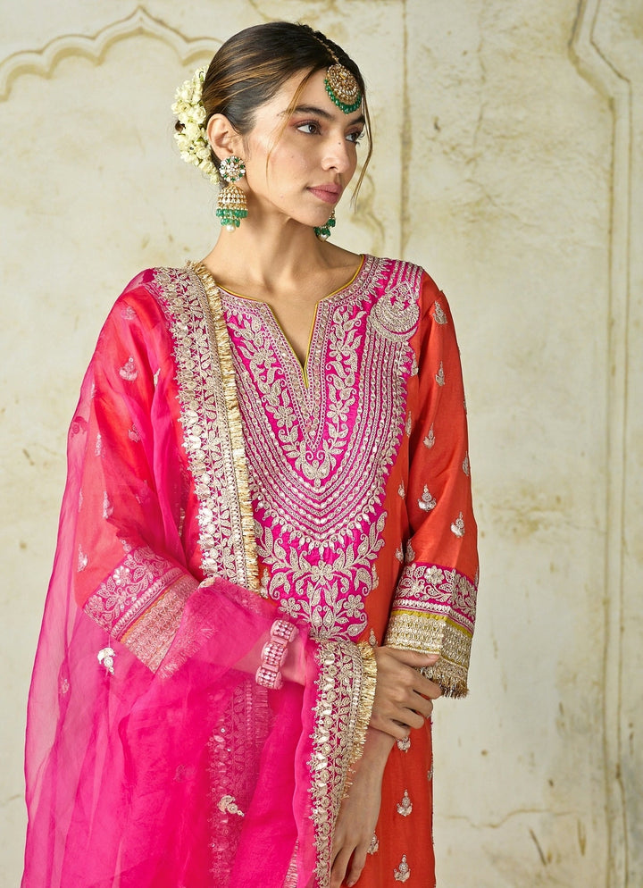 Gopi Vaid Orange And Hot Pink Tussar Kurta Sharara SetFabilicious Fashion